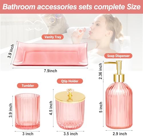 JUPELI 4-Piece Pink Glass Bathroom Accessories Set