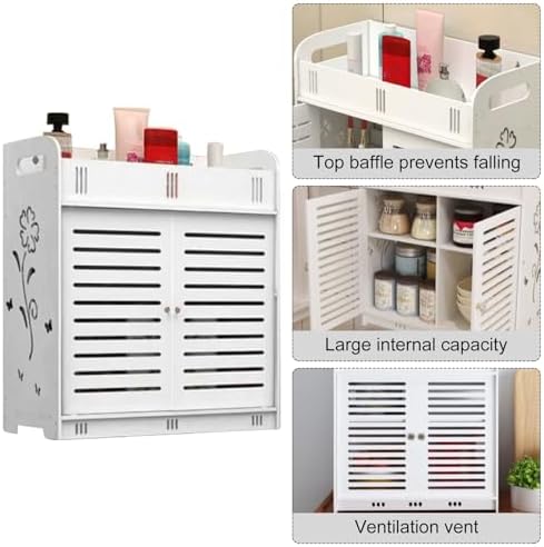 White Hollow Flower Pattern Bathroom Cabinet with Multi-Grid Tiers