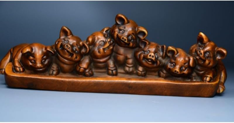 LimpaC Boxwood Seven Pig Statues Handcrafted Decor