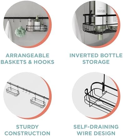 Zenna Home Matte Black Shower Caddy with 2 Baskets and 3 Hooks