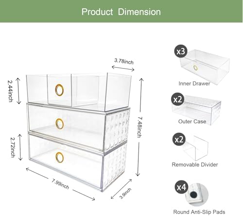 Zemalun 39 Inch Narrow Medicine Cabinet Organizer 3-Tier Stackable with Adjustable Drawers