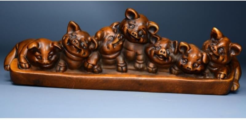 LimpaC Boxwood Seven Pig Statues Handcrafted Decor