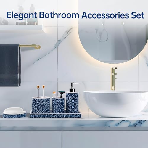 Elegant Floral Pattern Bathroom Accessory Set 5 Pcs Blue