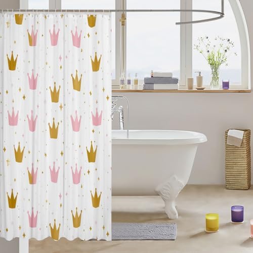 Erosebridal 72x72 Golden Pink Crown Print Shower Curtain Set with 19 Hooks