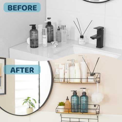Edergoo Shower Caddy 2 Pack with Hooks and Bamboo Design