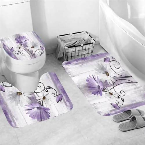 4PCS Rustic Purple Flower Farmhouse Shower Curtain Set