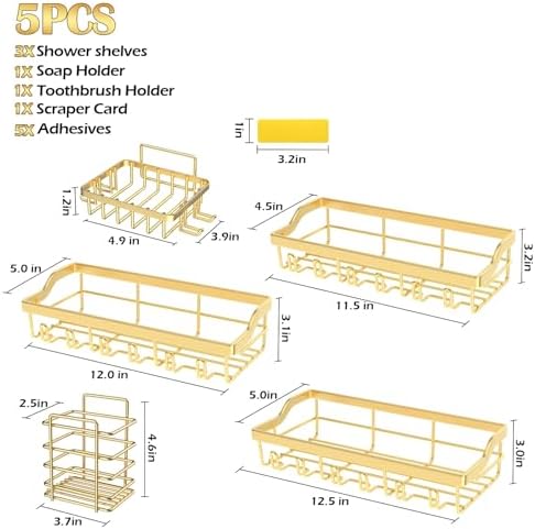 5 Pack Adhesive Shower Caddy with Gold Finish