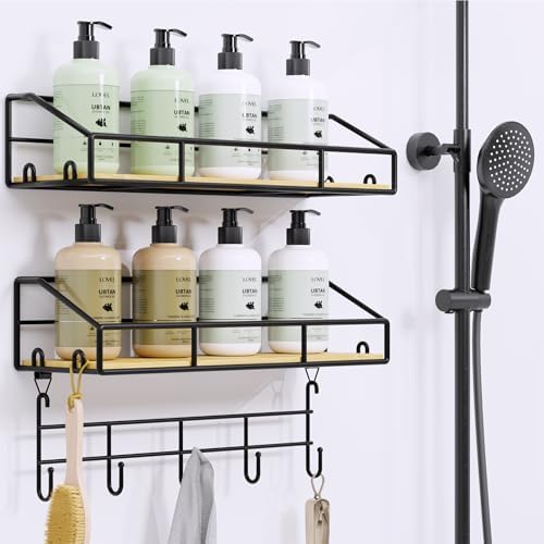 Edergoo Shower Caddy 2 Pack with Hooks and Bamboo Design