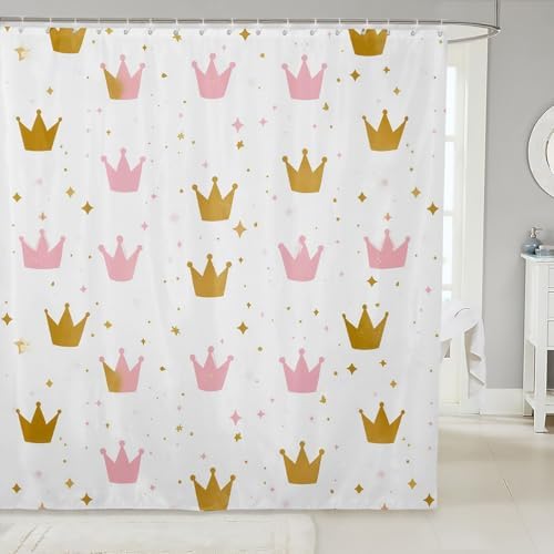 Erosebridal 72x72 Golden Pink Crown Print Shower Curtain Set with 19 Hooks