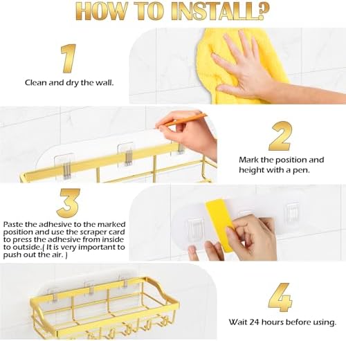 5 Pack Adhesive Shower Caddy with Gold Finish