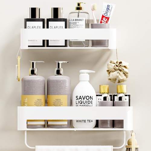 Necvha Adhesive Shower Caddy with 12 Hooks and Towel Rack 1