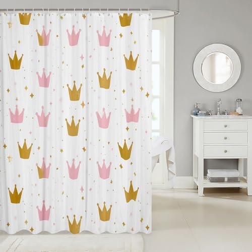 Erosebridal 72x72 Golden Pink Crown Print Shower Curtain Set with 19 Hooks