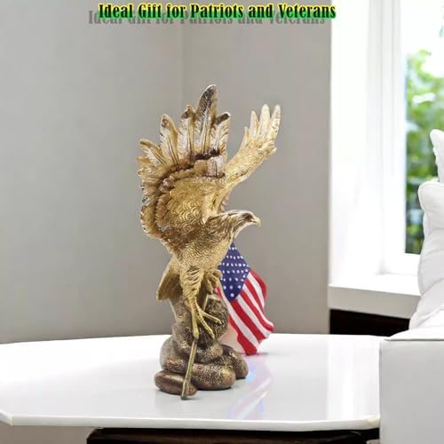 Patriotic Bald Eagle Figurine with Flag Gold Resin Statue
