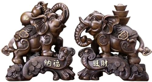 Feng Shui Wealth Elephant Sculpture - Resin and Wood Finish Pair