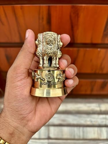 Handcrafted Brass National Emblem Statue with Ashoka Stambh and Dharma Chakra