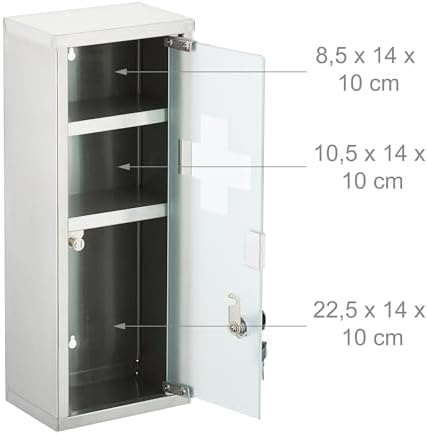 Relaxdays Medicine Cabinet - 3 Compartments Lockable Stainless Steel