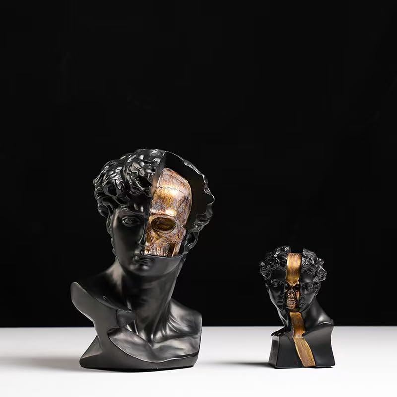 Retro Minimalist David Bust Sculpture with Gold Skull