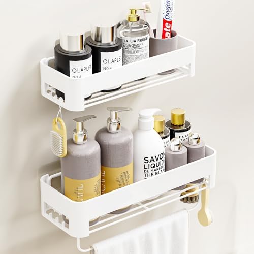 Necvha Adhesive Shower Caddy with 12 Hooks and Towel Rack 1