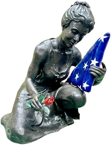 Bronze Woman Mother Kneeling Statue with Flag and Rose