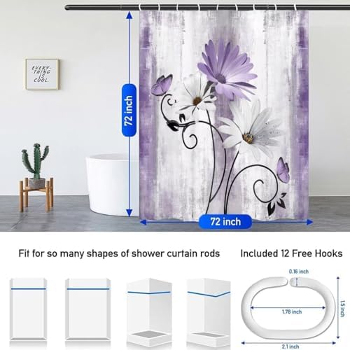 4PCS Rustic Purple Flower Farmhouse Shower Curtain Set