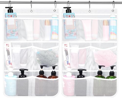 2 Pack Mesh Shower Caddy with 7 Pockets and Metal Hooks