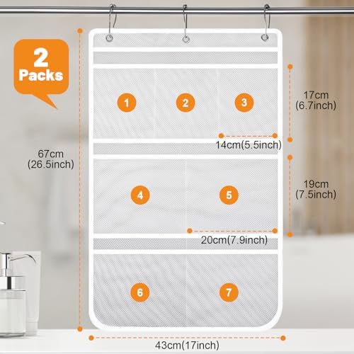 2 Pack Mesh Shower Caddy with 7 Pockets and Metal Hooks