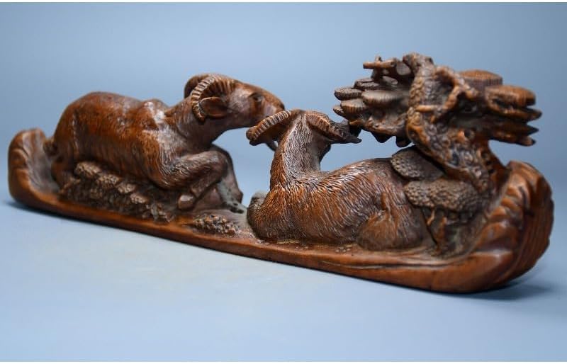 LimpaC Handcrafted Boxwood Animal Sculpture with Three Sheep and Pine Tree