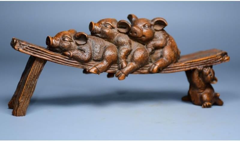 Handcrafted Boxwood Lovable Animal Pig Stool Statues