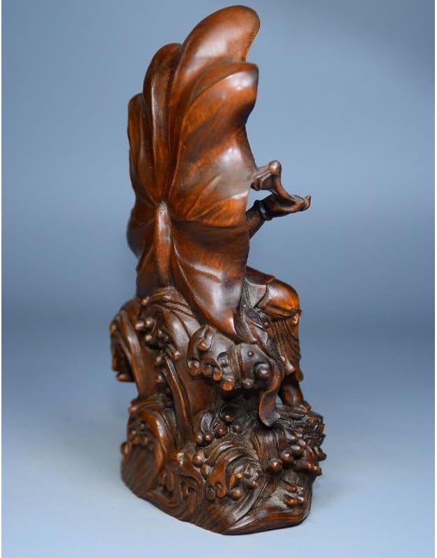 Handcrafted Boxwood Avalokitesvara Statue with Lotus Leaf