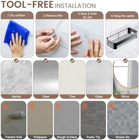 Necvha Adhesive Shower Caddy with 12 Hooks and Towel Rack 1