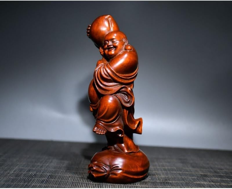Handcrafted Boxwood Maitreya Buddha Peach Statue Decor
