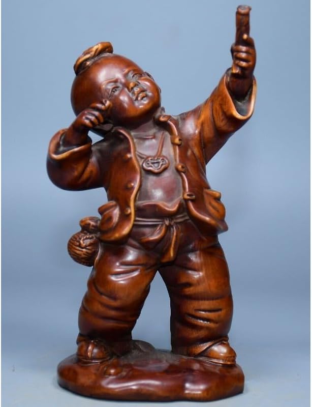Boxwood Lovable Child Play Stone Ruyi Statues Handmade Decor