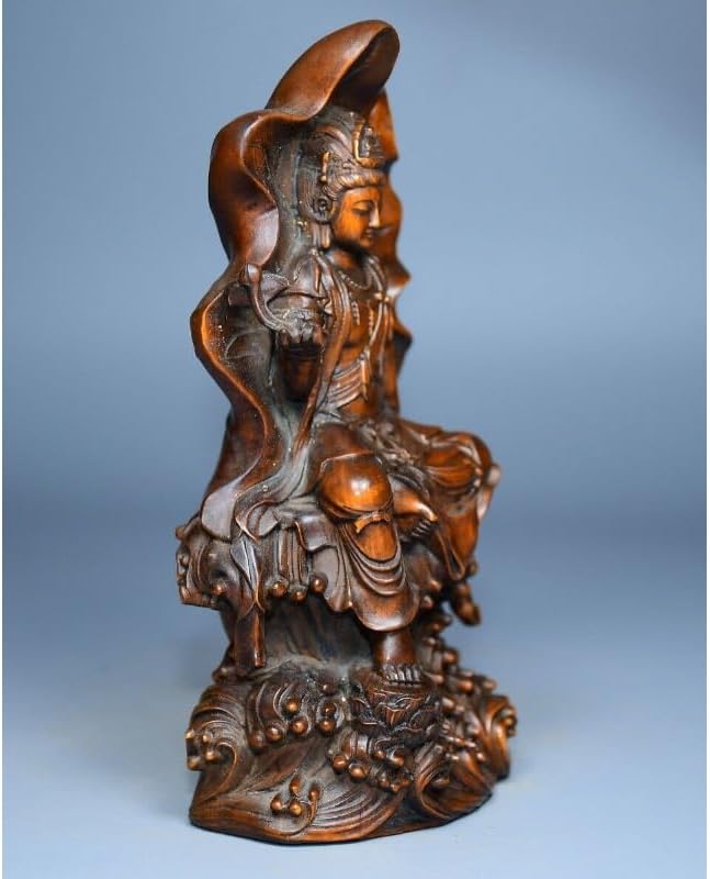 Handcrafted Boxwood Avalokitesvara Statue with Lotus Leaf