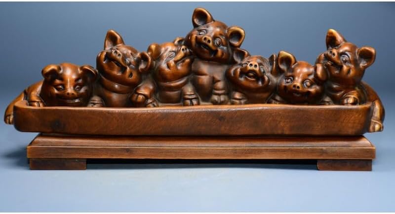 LimpaC Boxwood Seven Pig Statues Handcrafted Decor