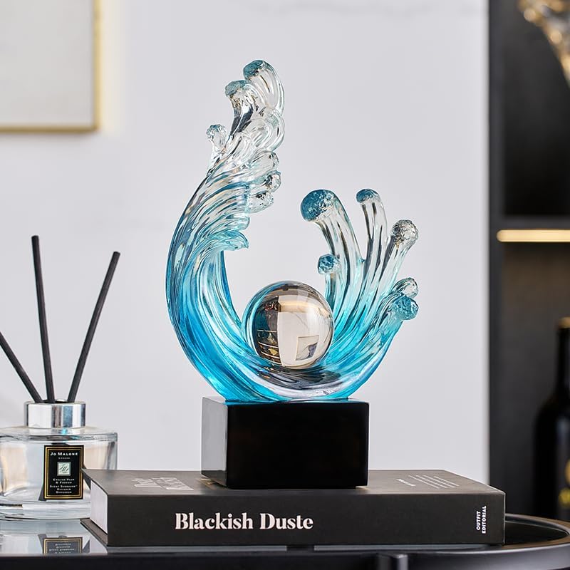 Modern Abstract Wave Sculpture with Crystal Orb Light-Blue