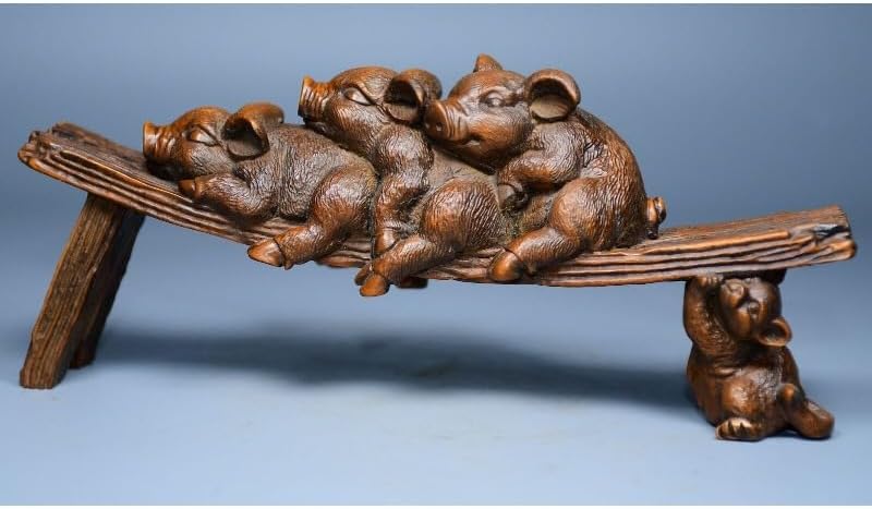 Handcrafted Boxwood Lovable Animal Pig Stool Statues