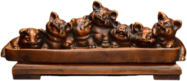 LimpaC Boxwood Seven Pig Statues Handcrafted Decor