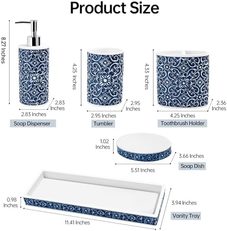Elegant Floral Pattern Bathroom Accessory Set 5 Pcs Blue