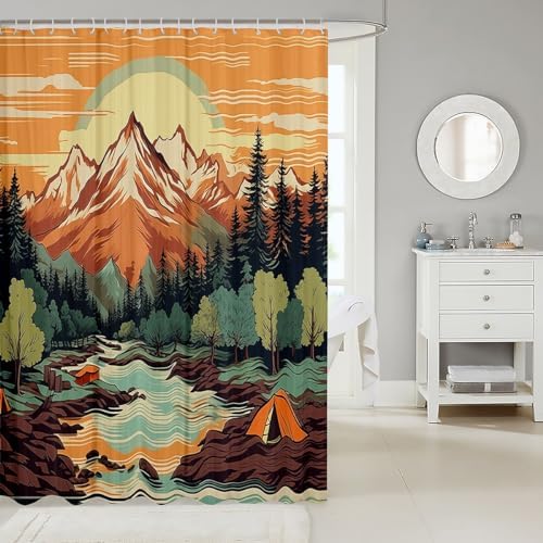 Mountain River Retro Adventure Shower Curtain with 12 Hooks