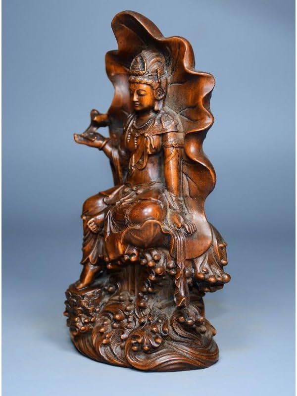 Handcrafted Boxwood Avalokitesvara Statue with Lotus Leaf