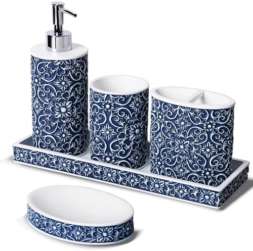Elegant Floral Pattern Bathroom Accessory Set 5 Pcs Blue