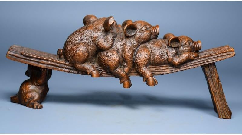 Handcrafted Boxwood Lovable Animal Pig Stool Statues