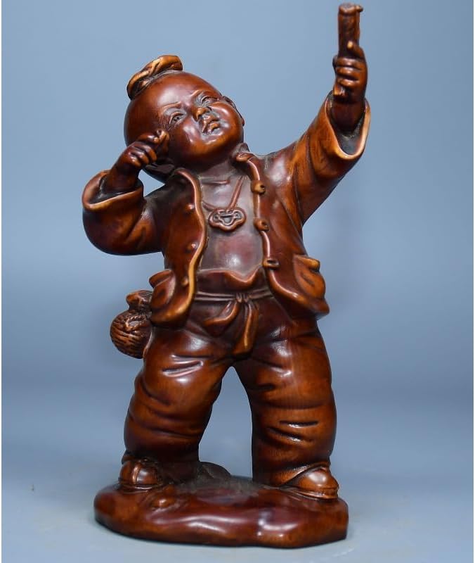 Boxwood Lovable Child Play Stone Ruyi Statues Handmade Decor