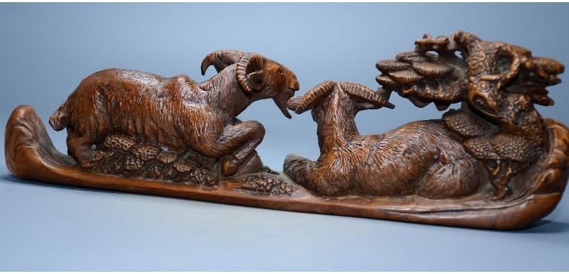LimpaC Handcrafted Boxwood Animal Sculpture with Three Sheep and Pine Tree