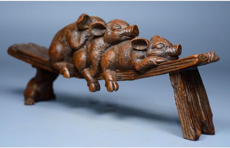 Handcrafted Boxwood Lovable Animal Pig Stool Statues