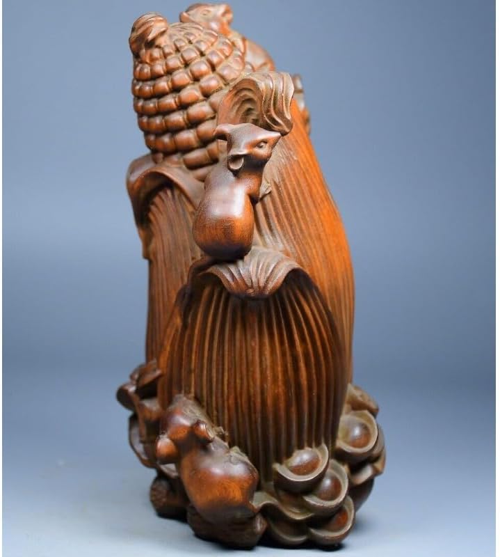 Handcrafted Boxwood Five Mouse Corn Wealth Statue Decor