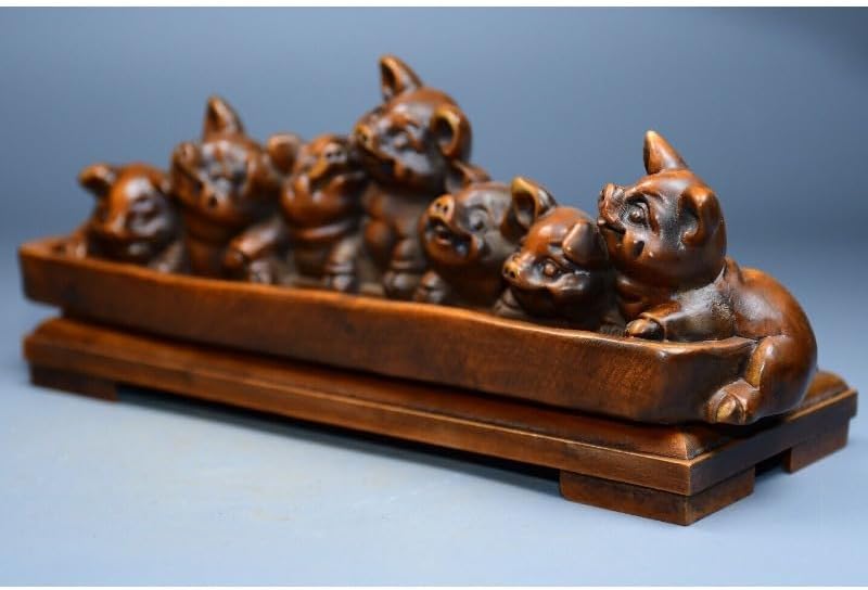 LimpaC Boxwood Seven Pig Statues Handcrafted Decor