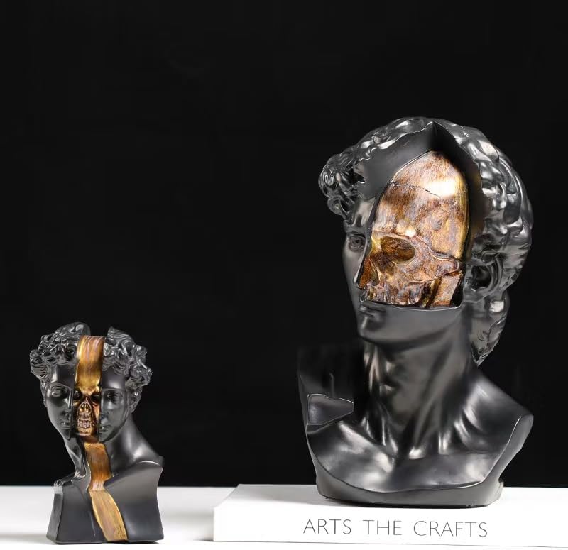 Retro Minimalist David Bust Sculpture with Gold Skull