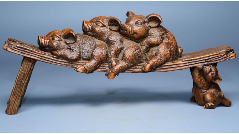 Handcrafted Boxwood Lovable Animal Pig Stool Statues