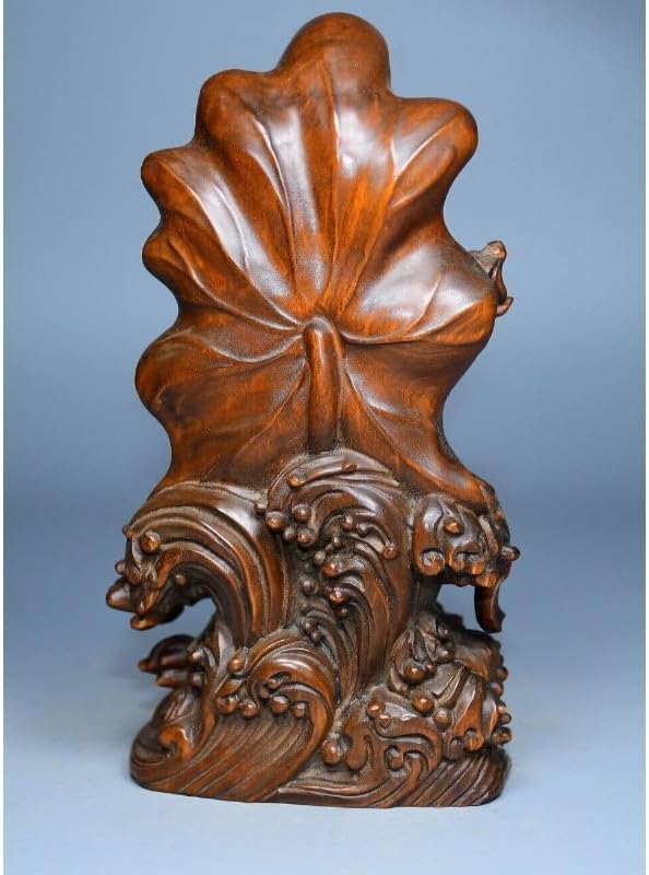 Handcrafted Boxwood Avalokitesvara Statue with Lotus Leaf